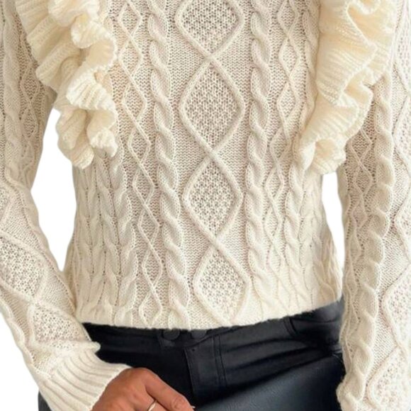 Ivory Cream Cable Knit Sweater w/Ruffles - S - Picture 1 of 7